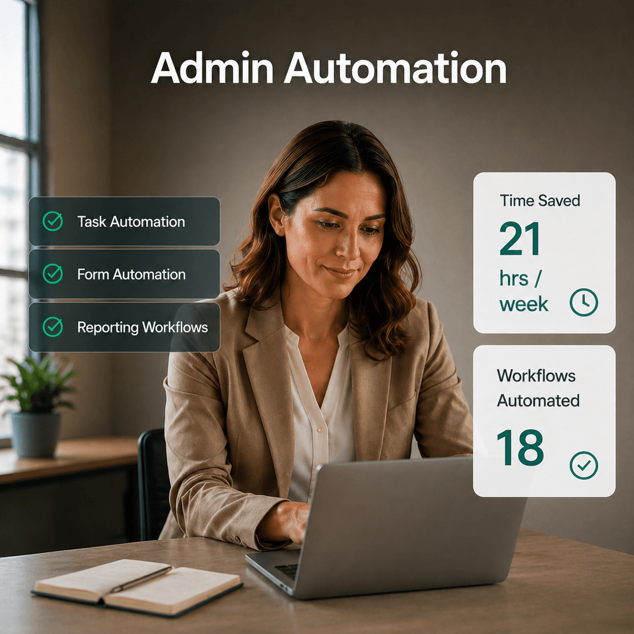 Business professional reviewing paperwork while automation interface shows tasks assigned, forms processed, and reports generated.